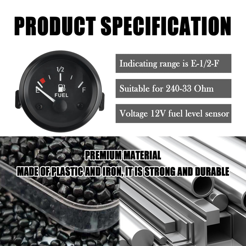 2" 12V Fuel Gauge Kit with Nut/Bracket,240-33 Ohm Boat Fuel Gauge with E-1/2-F Pointer Dash for Indicating Tank Fuels Levels,White Light Fuels Level Gauges for Car Boat