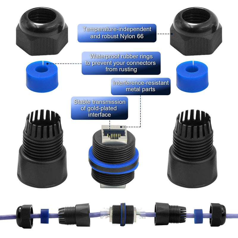 VCELINK Waterproof RJ45 Coupler IP68 Short Profile, Cat6/Cat5E/Cat5 Waterproof Ethernet Connector Shielded, Outdoor Network LAN Cable Extender PoE, 3.23in (Blue-6 Pack) 6
