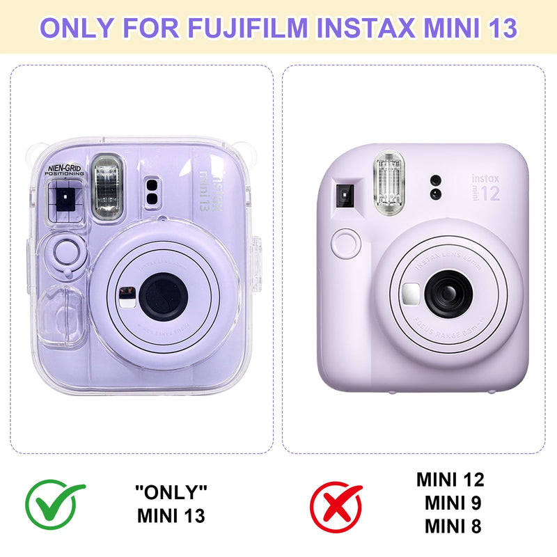 Clear Camera Case for Fujifilm Instax Mini 13, Purple Camera Strap | Protective Cover with Anti-Accidental Shutter, 4 Composition Cards, Photo Storage Holds 10 Films,Clear Hard Shell, No Camera