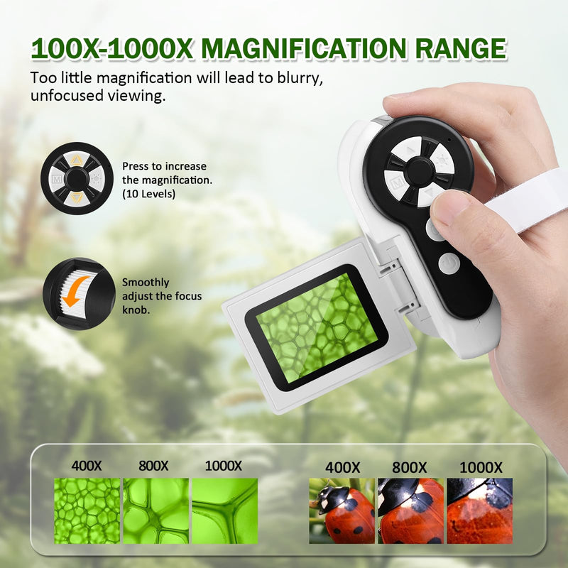 Microscope for Kids, 1000X Handheld Kids Microscope with 6 Adjustable LED Lights, 2'' LCD Screen Mini Portable Microscope for Kids 8-12, 32GB SD Card Including Back to School Supplies White
