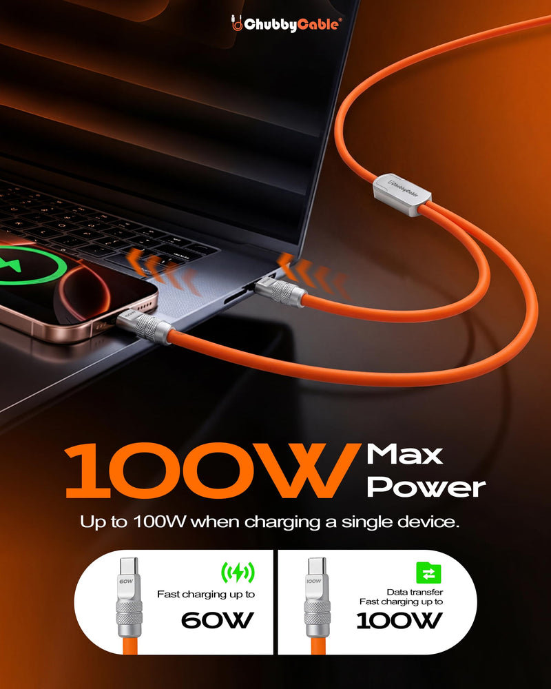 chubbycable Duo-Flex 100W & 60W 2-in-1 Fast Charging & Data Transfer Cable with Soft Silicone USB C Multi Charging Cable for iPhone 17 Series iPad Galaxy Series, Red+Orange