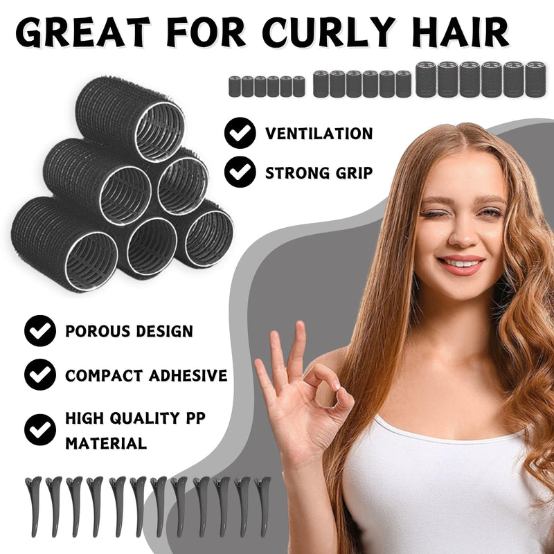 KEYRI 48PCS Hair Rollers Set Hair Rollers with Clips Self Grip Jumbo Hair Roller No Heat Heatless Hairs Rollers for Long Medium Short Hair Styling Hairs Salon Hairdressing Curlers (Black, 3 Size) Black 1 count (Pack of 48)