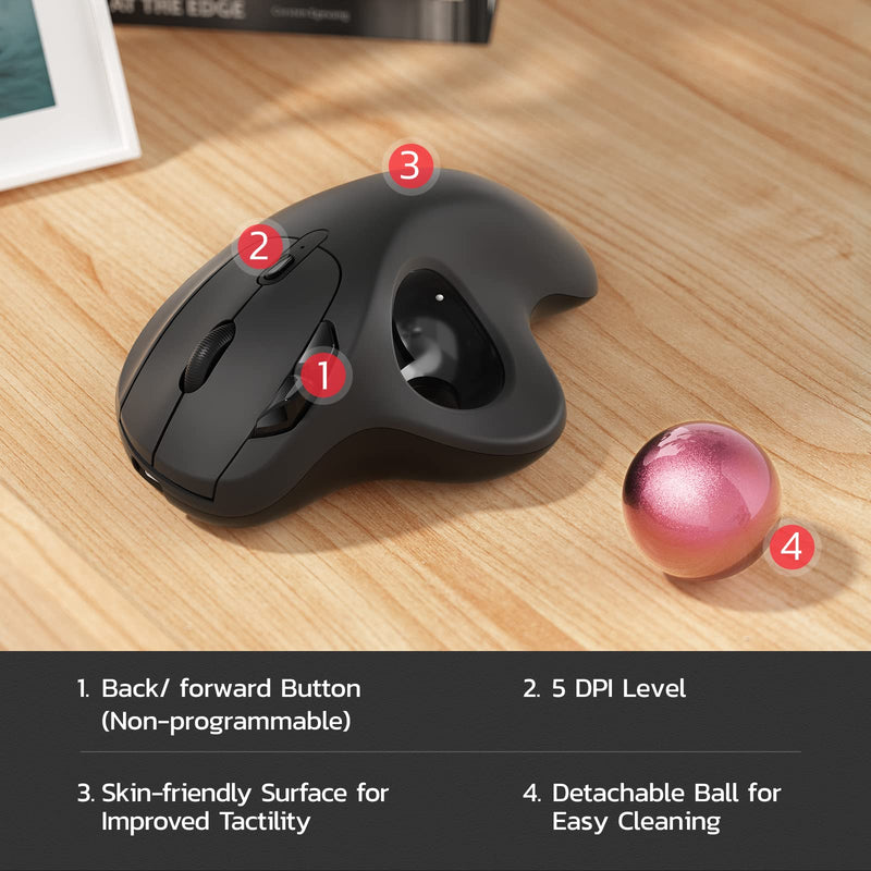 Nulea M501 Wireless Trackball Mouse, Rechargeable Ergonomic, Easy Thumb Control, Precise & Smooth Tracking, 3 Device Connection (Bluetooth or USB), Compatible for PC, Laptop, iPad, Mac, Windows F-Pink