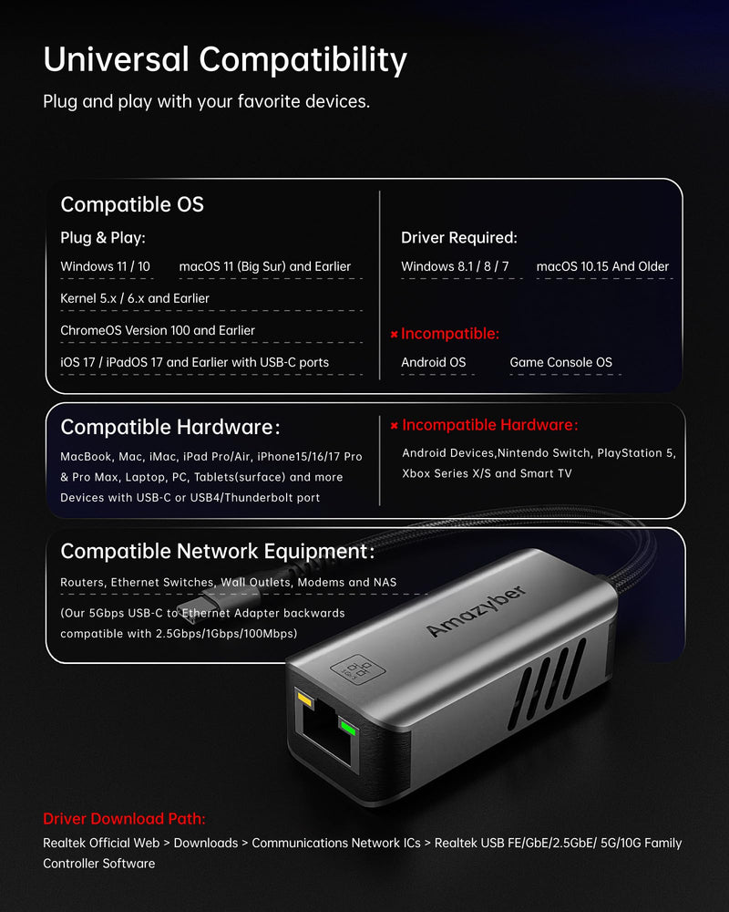 5Gbps USB C to Ethernet Adapter 5000Mbps RJ45 LAN Network Dongle | RTL8157 Chipset Aluminum Braided Cable Space Gray for Laptop MacBook iPad Pro NAS Reliable High Speed Wired Streaming 5Gbps [Space Grey]