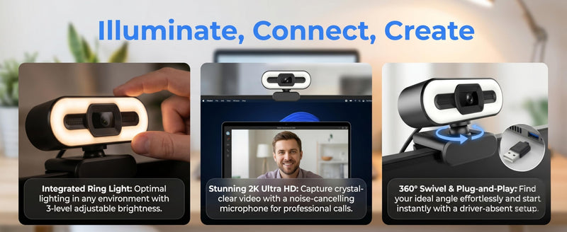 4K Webcam with Ring Light & Mic, USB Computer Camera with Auto Focus Plug and Play Video Calling Cam for PC Laptop Desktop 4K