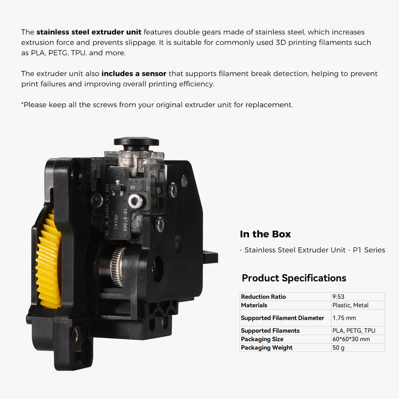 ENOMAKER Bamboo Lab P1 Extruder Unit for P1P,P1S 3D Printer,High-Extrusion Force Stainless Steel Dual Gear with Filament Break Detection,Anti-Slip Complete Toolhead Extruder Assembly Replacement Parts P1 series Extruder