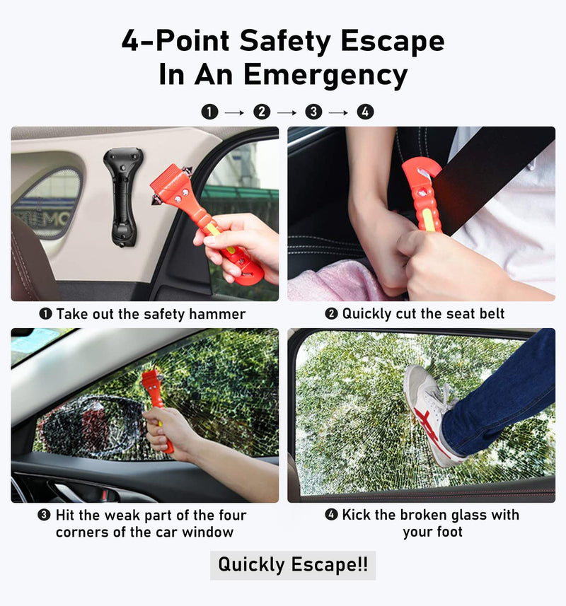 Car Safety Hammer 4 Pack, Car Window Glass Breaker and Seat Belt Cutter Car Emergency Escape Tool with Light Reflective Tape for Family Rescue, Life Saving Survival Kit