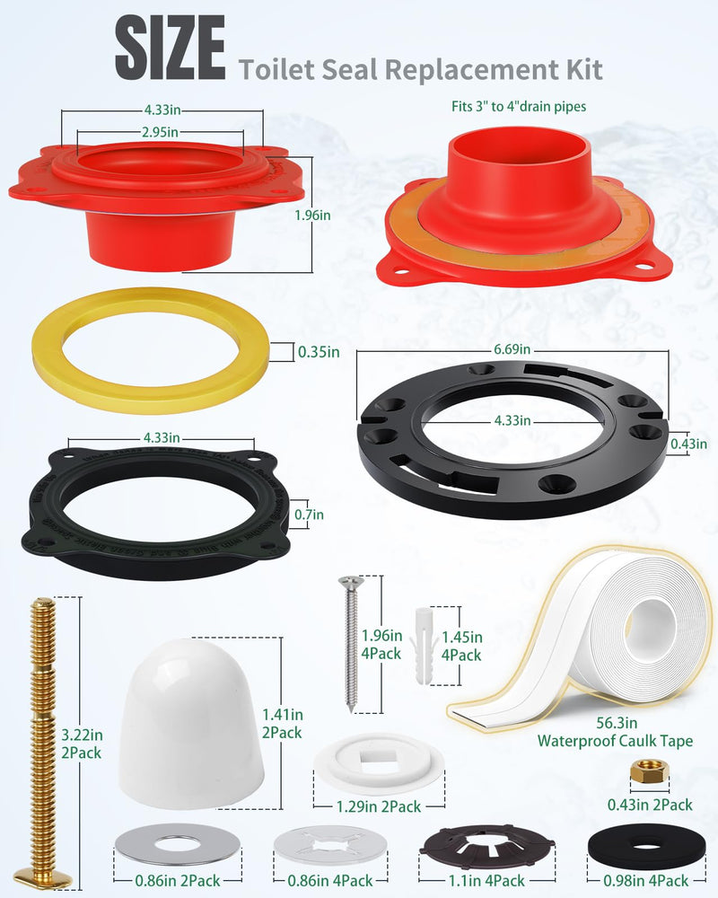 Universal Toilet Flange Repair Kit TF02-RI – Includes Flange, Elastic Wax Ring Gasket & Waterproof Sealing Tape with Brass Bolts, Better Than Toilet Wax Seal, Double Sealing Protection Flange+Caps+Tape Red