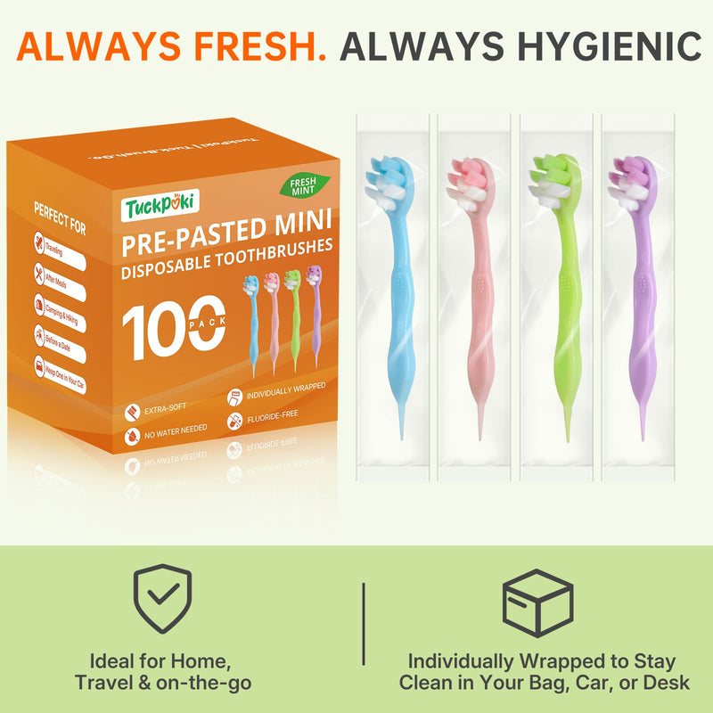 100-Pack Pre-Pasted Mini Travel Toothbrushes, Individually Wrapped Bulk Pack, Disposable Toothbrushes with Toothpaste, Waterless Single-Use Extra Soft Bristle for Adults, Travel & Braces 1 Count (Pack of 100)