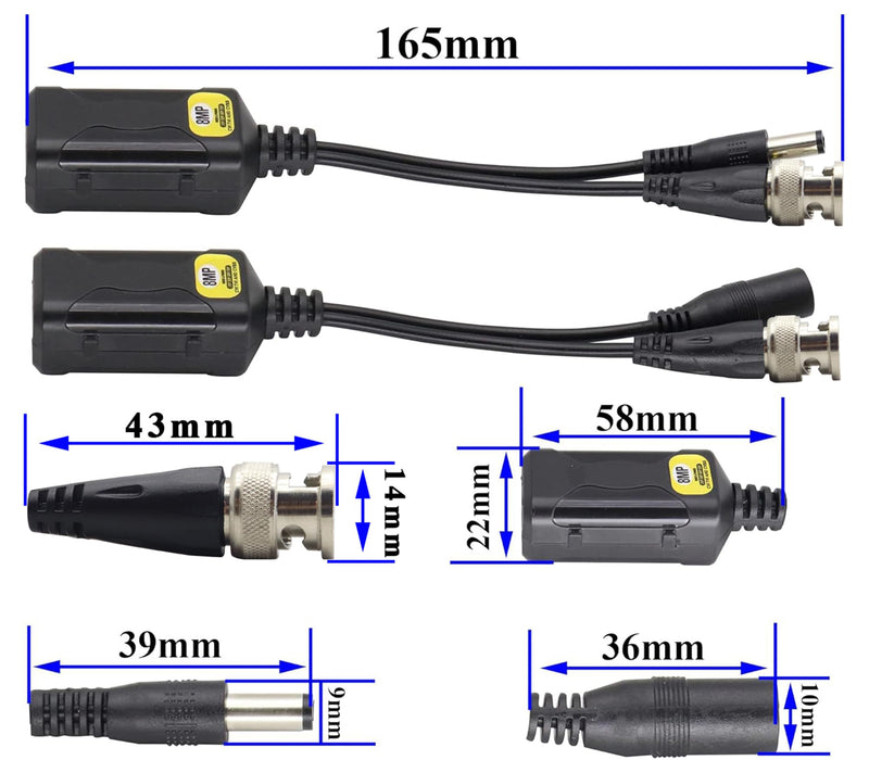 zdyCGTime Passive HD Video Balun BNC to RJ45 Network Transceiver Cat5/Cat6 Adapter Cable with DC Power 720P - 8MP Cat6 to BNC Male Connecto for CCTV Security Surveillance Camera System(16.5cm/4Pairs) 4 Pairs