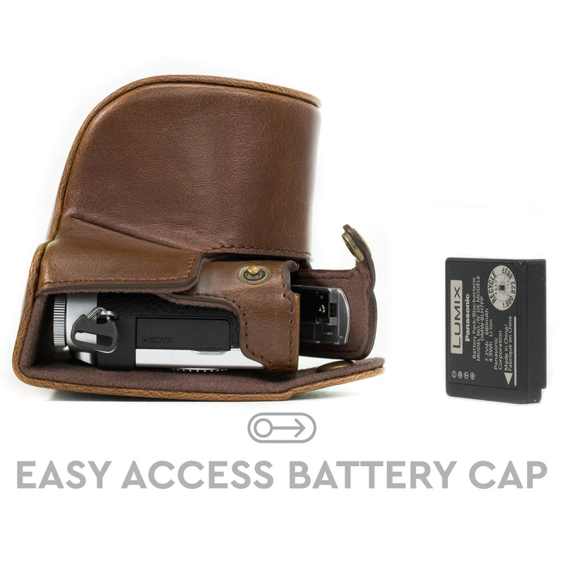 MegaGear Ever Ready Leather Camera Case compatible with Panasonic Lumix GX800, GX800 12-32mm Lens, DMC-GF8, DMC-GF7 Dark Brown