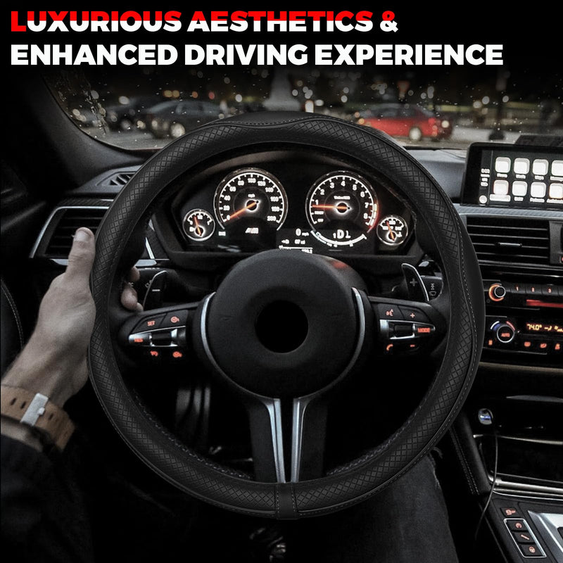 Ouzorp Car Steering Wheel Cover, Microfiber Leather Steering Wheel Covers with Anti-Slip Lining, Universal 14.5-15 inchs Black Black,Medium(Standard) Size[14.5"-15"]