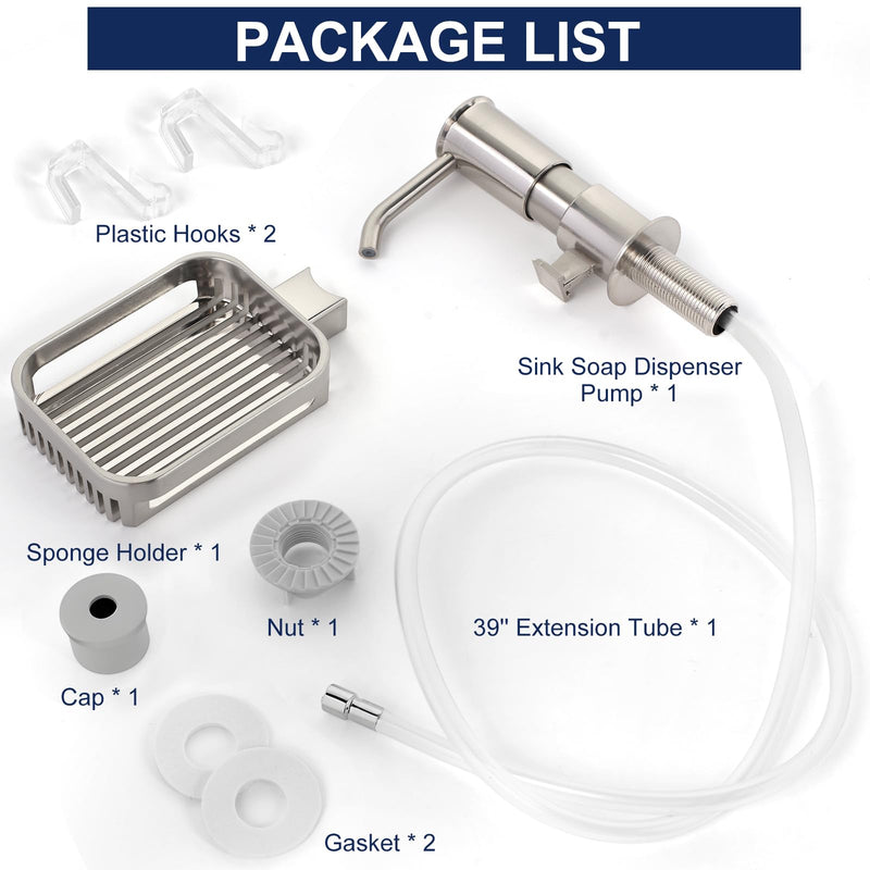 Soap Dispenser for Kitchen Sink, Built in Sink Soap Dispenser Pump with Sponge Holder, Brushed Nickel ABS Sink Dish Soap Dispensers Under Counter, with 39" Extension Tube Kit,No Refill Needed