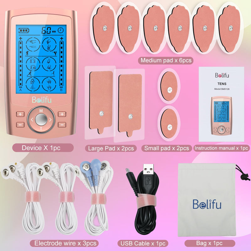 Belifu Dual Channel TENS EMS Unit 24 Modes Muscle Stimulator for Pain Relief Therapy, Electronic Pulse Massager Muscle Massager with 10 Pads, Dust-Proof Drawstring Storage Bag Pink