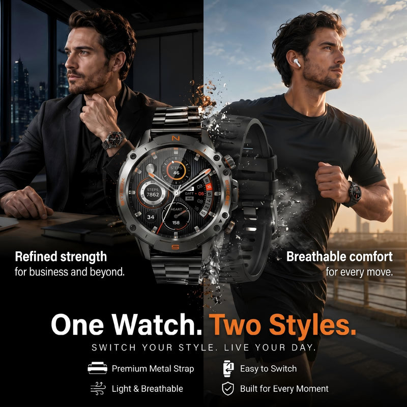 WalkerFit Rugged Smart Watch for Men, 1.43" AMOLED 5ATM Waterproof, 2 Bands | Bluetooth Calling, Fitness Tracker, 15-Day Battery, 178+ Sports Modes, Heart Rate, Sleep & SpO2 Monitor, For Android & iPhone Black