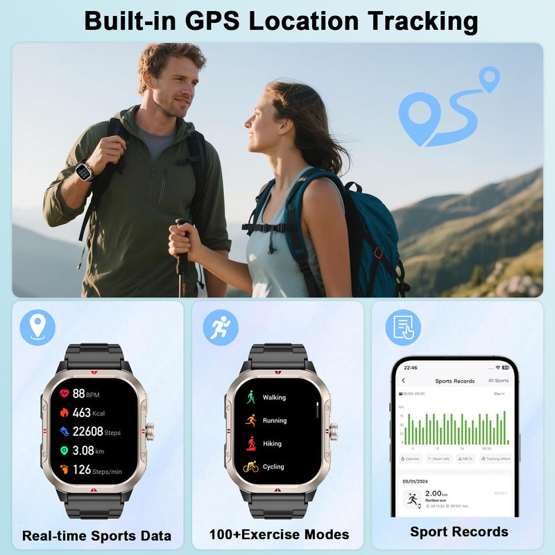 Smart Watch for Men Built-in GPS, 2.06" Military Fitness Tracker IP68 Waterproof, Fitness Watch with Heart Rate/Sleep, Smartwatch with Answer/Make Calls, 100+ Sport Modes for iPhone/Android, Black A-Black