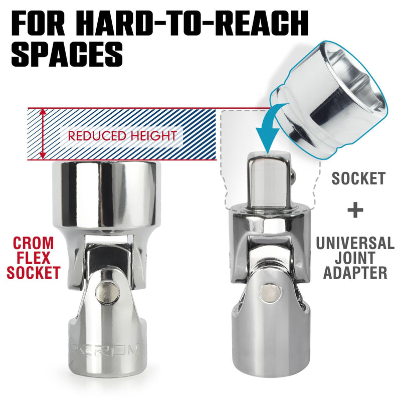 CROM Universal Flex Socket Set - 1/4 Inch Drive 6-Point 12-Piece Swivel Socket Set from 5mm to 15mm Metric - Swivel Joint for Easier Access to Tight Spaces - Aluminum Storage Rail Included 1/4" Dr. - 12PCS - Metric
