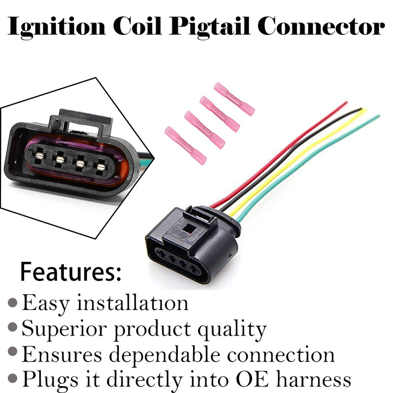 Vw Ignition Coil Connector Plug Harness Compatible with Volkswagen Vw Passat Audi A4 1.8T, 2.0T, 2.5L, 3.2L, 4.2L 4 Pack Vw Ignition Coil Harness 16pcs Heat Shrink Butt Connectors