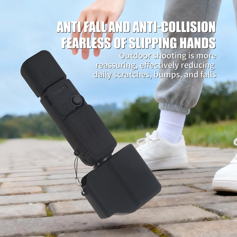 Soft Silicone Protective Case for DJI Osmo Pocket 4P Black | Separate coverage for the lens area, body, screen section, and 1/4-inch threaded handle; charging access stays open.
