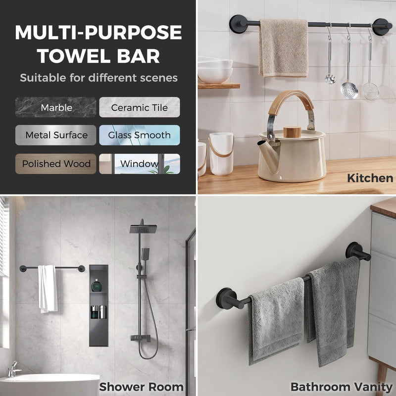 Adjustable Suction Cup Towel Bar for Bathroom Wall,14.6Inch~24 Inch Towel Racks for Bathroom,Stainless Steel Bath Towel Holder for Shower(Matte Black) Black-1pc 14.6-24"