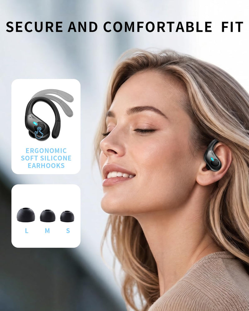 Active Noise Cancelling Ear Buds Wireless Earbuds 90H Playtime Bluetooth Headphones Stereo Bass Over-Ear Hooks Earphones with Power Display Case IPX7 Waterproof Headset for Workout/Running, Black