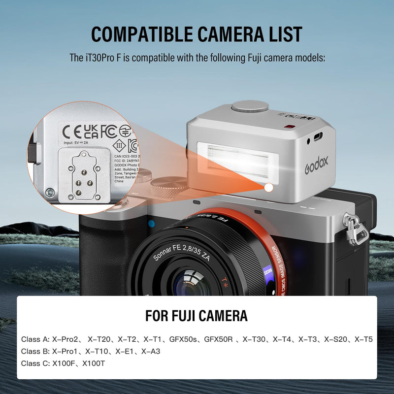 Godox iT30 Pro F Mini TTL Flash for Fuji Cameras Godox iT30Pro F- Wireless Master & Receiver 2.4G Wireless Touchscreen, GN15, 1/8000s HSS Speedlite, Built-in Diffuser and Lithium Battery IT30 PRO F (Silver)