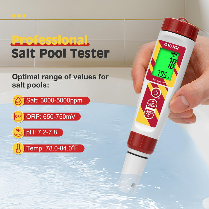 6 in 1 pH Meter Salt Tester TDS EC Pen for Pool Water | Digital Salinity Pen for Water Pool, Calibration Kits Included, High Accuracy Salinity pH ORP EC and TDS Meter | Digital Salinity Pen for Water Pool, Calibration Kits Included, High Accuracy Salin...