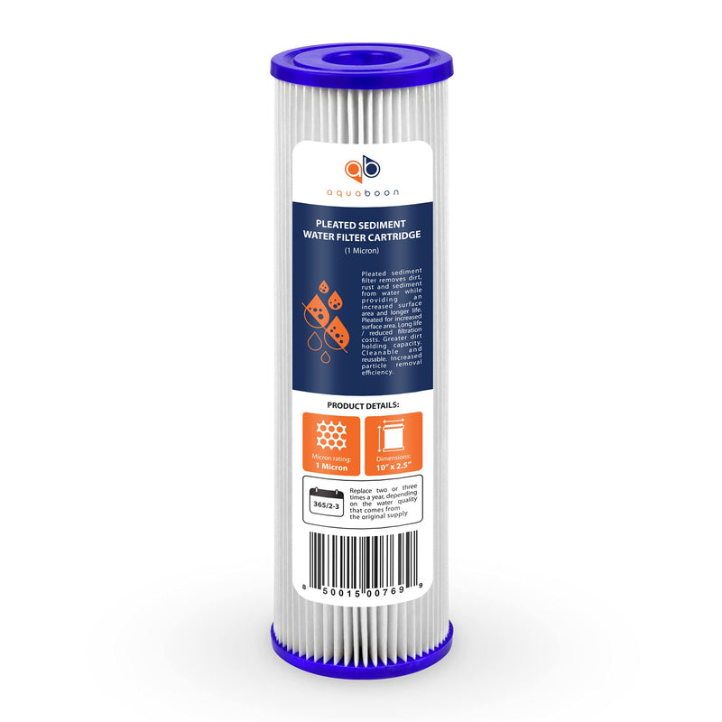 Aquaboon 1 Micron Pleated Water Filter 10 x 2.5 - Whole House Sediment Filter Replacement Cartridge Compatible with WFPFC3002, WHKF-WHPL, 6-Pack