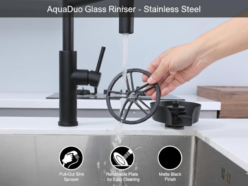 AquaDuo Glass Rinser and Kitchen Sink Sprayer Combo, Stainless Steel Cup Washer, Cup Cleaner, Bottle Washer, Glass Cleaner, Bar Sink Attachment, Pull Out Sprayer (Matte Black (Stainless Steel)) Matte Black (Stainless Steel)