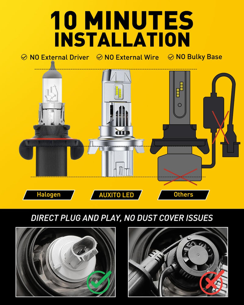 AUXITO 9008 LED Bulbs, 900% Ultra-Bright, 6500K White H13 Fog Light, Easy Plug-N-Play Installation, IP68 Waterproof, Pack of 2 9008/H13