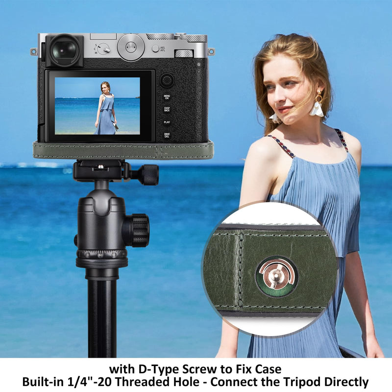 MUZIRI KINOKOO Fuji GFX100 RF Case, Genuine Leather Protective Half Case Compatible for Fuji GFX100 RF/GFX100RF Digital Camera - with Opening Bottom and Hand Grip Design - Green
