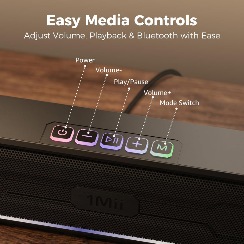 1Mii DeskRoar GT10 Computer Speakers for Desktop PC, Bluetooth 6.0 & USB | Clear Stereo Sound, 7 RGB Modes, Easy Button Controls, USB-C/USB-A for PCs & Laptops, Ideal for Work, Music