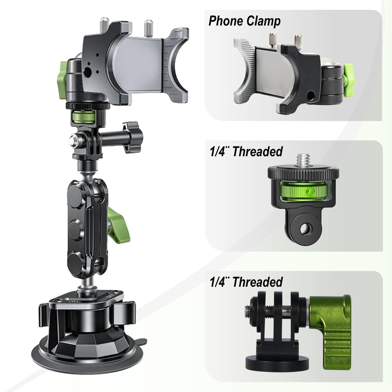 Multi-Purpose Cell Phone and Action Camera Holder for Insta360, Gopro, iPhone with Strong Suction Cup and Aluminum Alloy Double Ball arm.