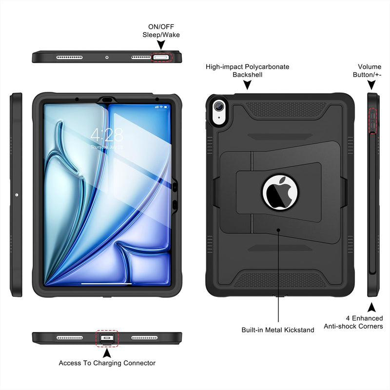 Soke Case for iPad Air 11-inch & iPad Air 5th/4th Generation 10.9-inch | Heavy Duty Protective Cover, Screen Protector, Multi Angle Kickstand, Hard PC Back & Shockproof TPU Bumper, Black