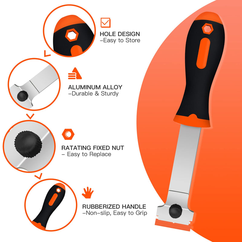 DEKEones Razor Blade Scraper, Long Handled Scraper Tool with 10 Extra Replacement Blades, Razor Scraper Remover for Cleaning Sticker, Paint, Caulk from Window, Car, Glass, Windshield, Stove Orange-1PCS