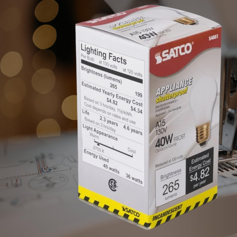Satco S4881-40 Watt A15 Small Appliance Incandescent Frosted Light Bulbs - Shatter Proof - 130V, Medium E26 Base - 2700K - Dimmable, for Fridge, Range Hood, Sewing Machine, Freezer (12 Pack)