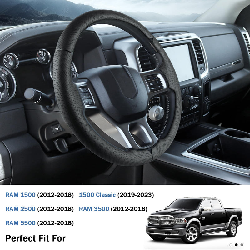 Steering Wheel Cover for Ram 1500, Car Steering Wheel Cover for Dodge Ram 1500 (2012-2018) 1500 Classic(2019-2023) 2500(2012-2018) 3500(2012-2018) 5500(2012-2018), Perforated Black Black Perforated Leather RAM 1500 (2012-2018)