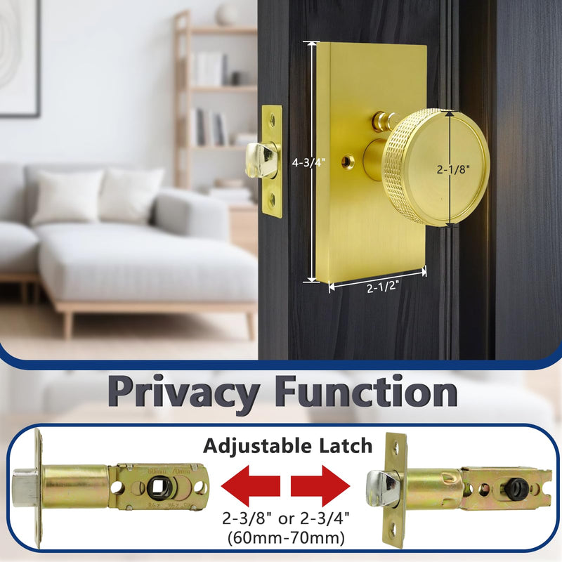 Satin Gold Door Knob for Bedroom and Bathroom Indoor Door Knobs with Lock | Solid Zinc Alloy Knurled Door Knob, Heavy Duty Door Handle with Large Backplate, Interior Modern Door Knobs Satin Gold 1