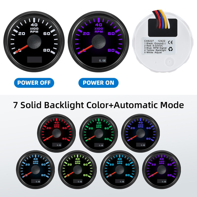 MH Tachometer 2-1/6" 52mm 8000 Tach Boat RPM Gauge 7 Color Waterproof for AUTO Car Truck Marine（Black）