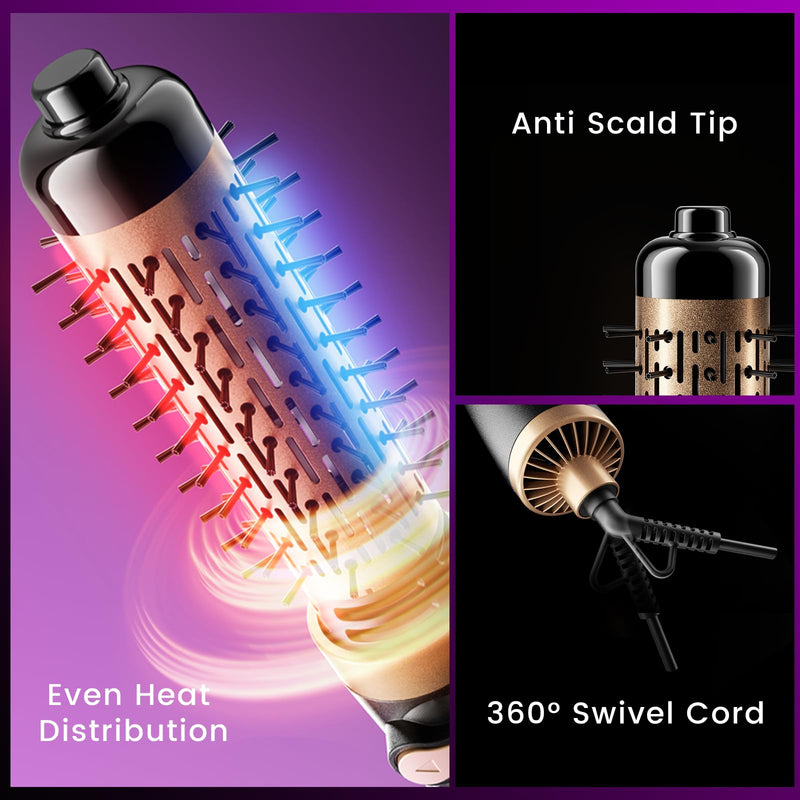 Rotating Hair Dryer Brush, 3-in-1 Hot Air Brush with 2 Brushes (1.5"&2") for Drying Styling Volumizing Curling Sleeking in One Step, 3 Temperatures, Negative Ionic, Ceramic Coating