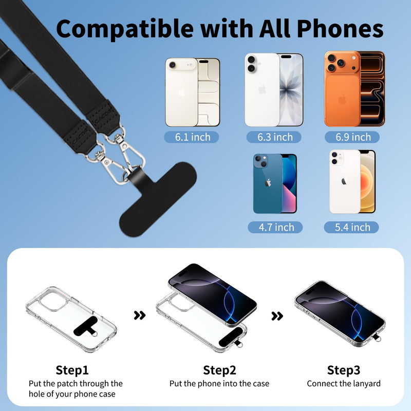 CACOE 3-in-1 Phone Lanyard Adjustable Crossbody Neck Strap for Smartphones | Detachable Wrist Lanyard, 2 Patches, Cellphone Shoulder Sling, Travel Essential, for Men Women, Universal Phone Holder, Black