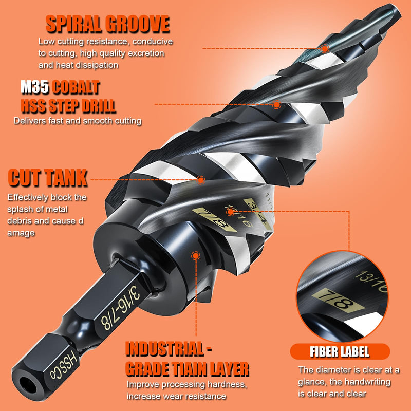 Four Spiral Flute Step Drill Bit for Metal,M35 Cobalt Unibit Step Drill Bit Set 1/8"-7/8" (3 pcs),Wear-Resistant AlTiN Coated,1/4" Hex Shank for Metal, Stainless Steel, Aluminum, Plastic