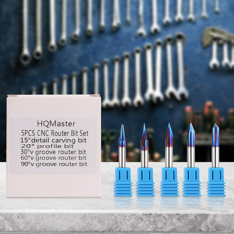 HQMaster 5PCS CNC Wood Carving Router Bits Set, 1/4'' Shank, 15° Detail Carving Liner+ 20° Profile bit+30°+60°+ 90° V Groove Router Bit Set