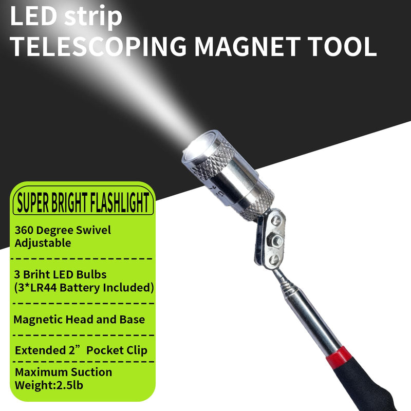 Telescoping Magnetic Pickup Tool Set, 2Pcs Round and Square Inspection Mirror Telescoping with LED Lights, 2Pcs Magnet Stick Best Gadgets Gifts for Men (Black, 6 Pack) Black