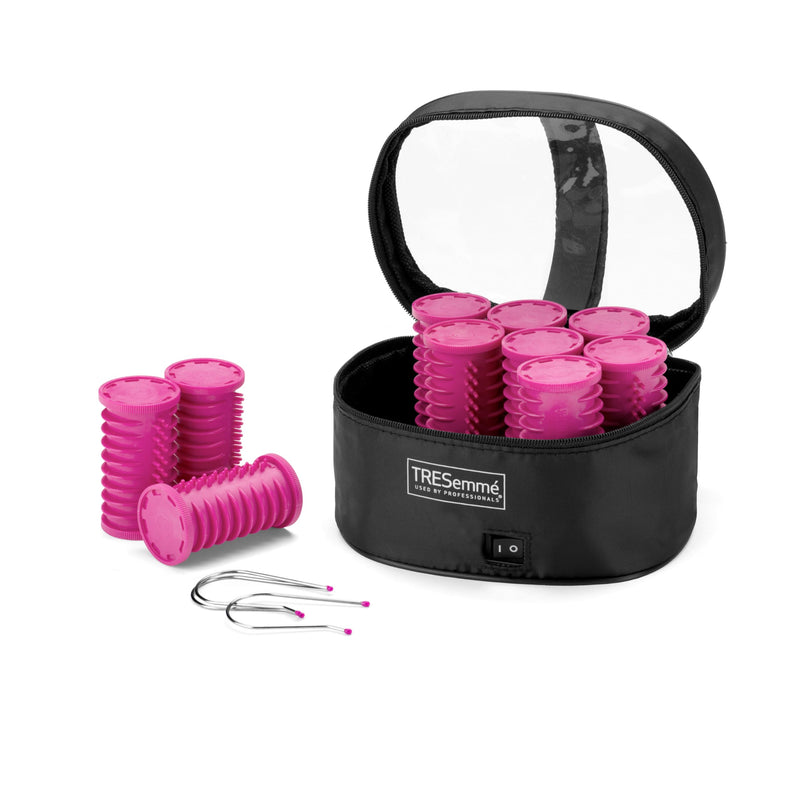 TRESemmé 32mm Heated Hair Rollers – Set of 10 Large Hot Rollers for Volume & Curls, Dual Voltage Travel Set with Carry Case, Fast Heat Up to 125°C, Pink/Black, 3039U