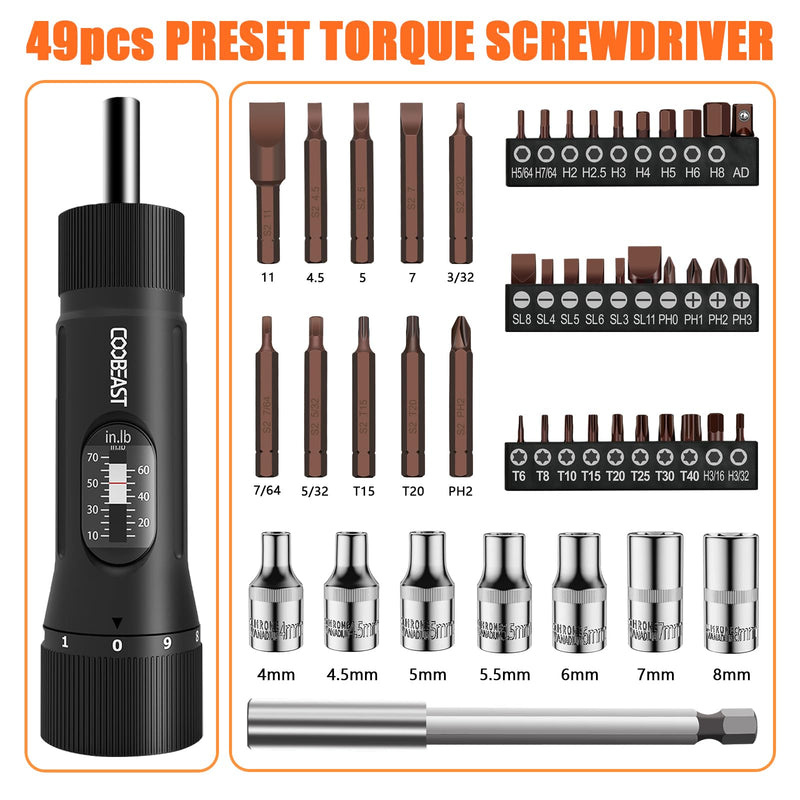 coobeast 49 Pcs Torque Screwdriver 10-70 Inch Pound Torque Screwdriver Set with S2 Bits & Sockets, 1/4” Drive Torque Wrench Screwdriver Set for Maintenance, Tools, Bike Repairing and Mounting