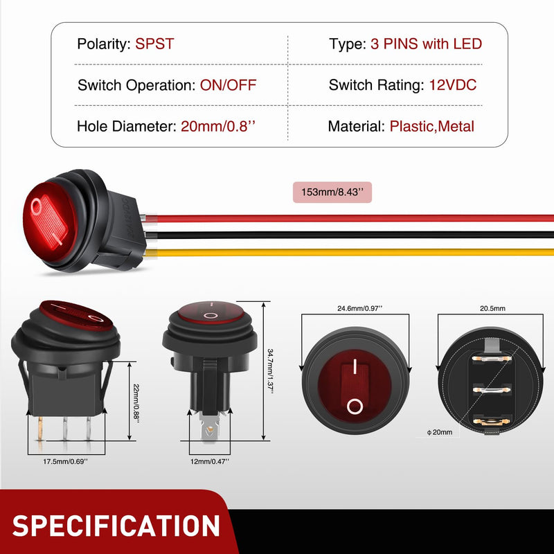 Nilight 5Pcs Waterproof Round Rocker Toggle Red LED Switch 12V 20A 3 Pin ON Off SPST for Car Truck Boat Marine Automotive RV with Locked Terminal Wires 5Pcs Red