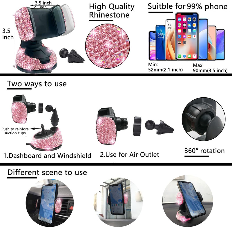 NBTEPEM 27-Piece Bling Car Accessories Set - Universal Fit Steering Wheel Covers, License Plate Frames, Phone Holder, Car Fast Charger, Coasters (Pink) Pink Diamond
