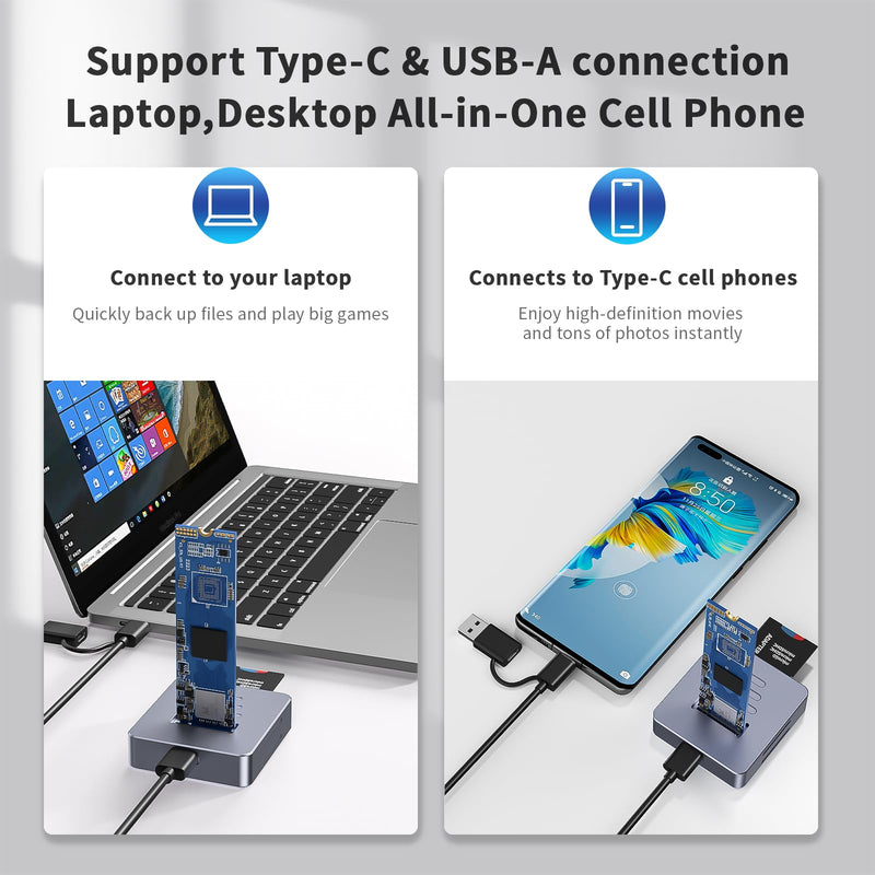 M.2 to USB-C Docking Station, Aluminum NVMe SSD Reader Adapter for M.2 (M Key & B+M Key) - Supports 2280, 2260, 2242, 2230, 22110 SSDs, Plug and Play