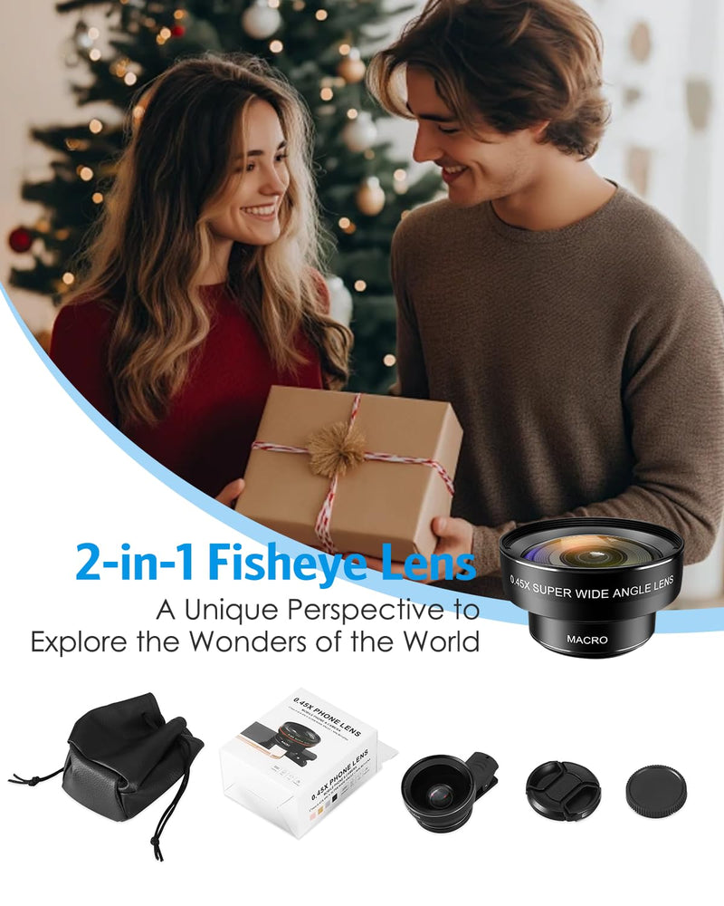 Phone Camera Lens Kit, 0.45X Wide Angle + 15X Macro Lens | 2 in 1 Lens Attachment for iPhone 17/16/15/14/13, Phone Clip-on Lens for iPhone/Android, Includes Travel Bag